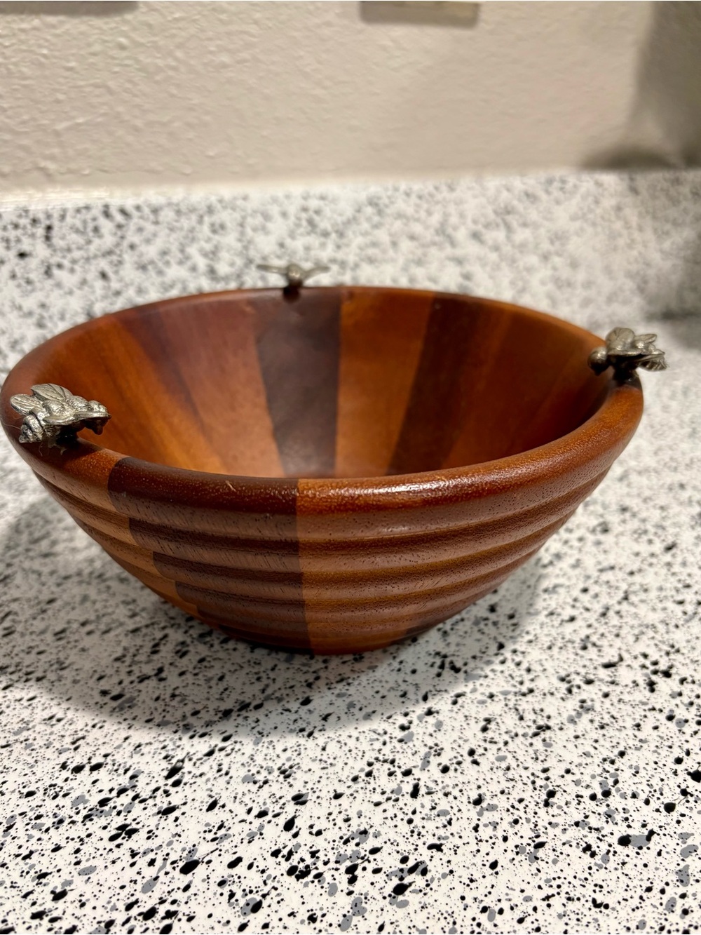 Vagabond House Bee Hive Salad Bowl Single Serve 7.5” Acacia Wood Pewter Bees